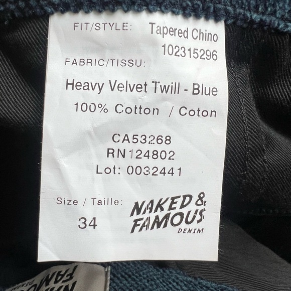 Naked and famous- heavy velvet twill pants - size 34 - Picture 3 of 4